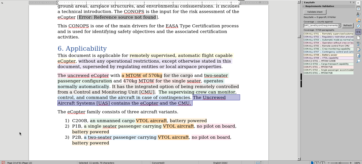 Requirement coverage highlighted in a LibreOffice document